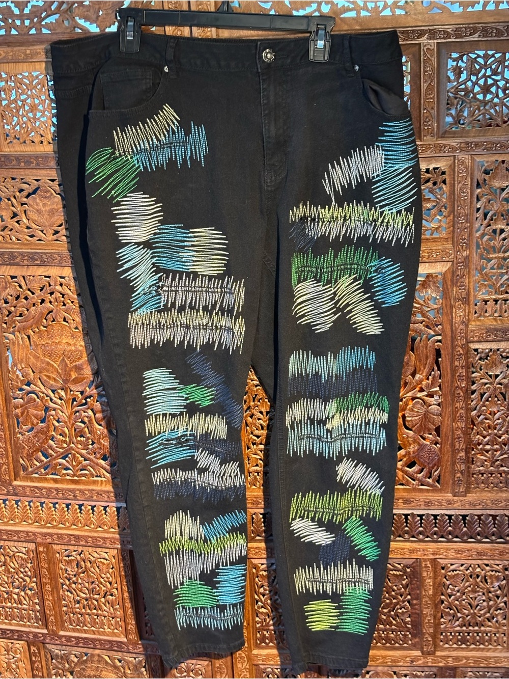 Ashley Stewart Black Straight Leg Jeans with Multicolor Stitch Embellishment
